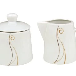 Null 2tlg. Set Zuckerdose 28cl & Milchkännchen 23cl Granada - Weißes Porzellan Mit Linien- Dekor In Beige Und Braun